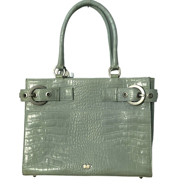 Elaine Turner Croc Embossed Satchel Womens Mint Green Leather Handbag Purse - Picture 1 of 13